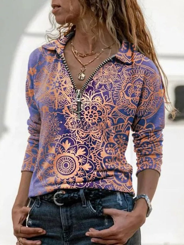 Fashion Printed Lapel Zipper Long-sleeved Shirt