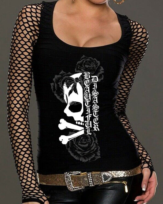 Half Skull Rose Patchwork Long Sleeve Sheer Top