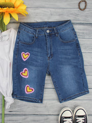 Washed Heart Printed Denim Shorts