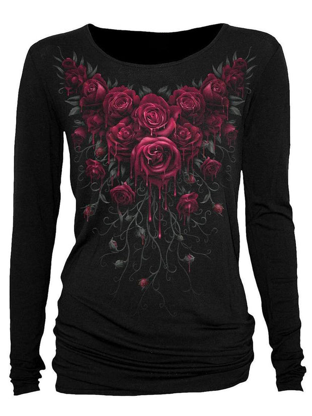 Rose Print Gothic Style Round Neck Female T-shirt
