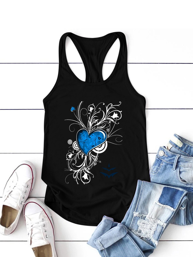 Flower Blue Heart Printed Sexy I-Shaped Vest