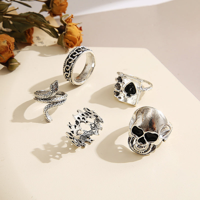 Retro Skull Snake Poker Rings Set