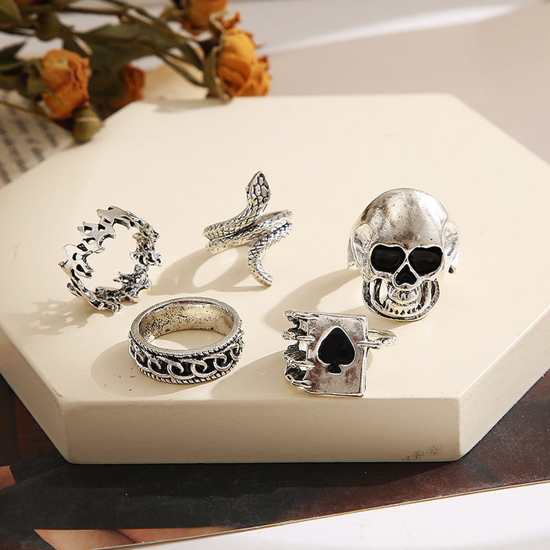 Retro Skull Snake Poker Rings Set