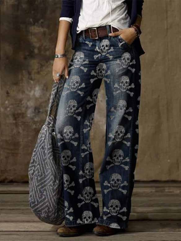 Small Skull Printed Casual Trousers