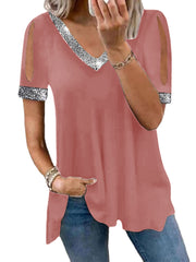 Solid Color Fashion Off-The-Shoulder Sequined T-Shirt