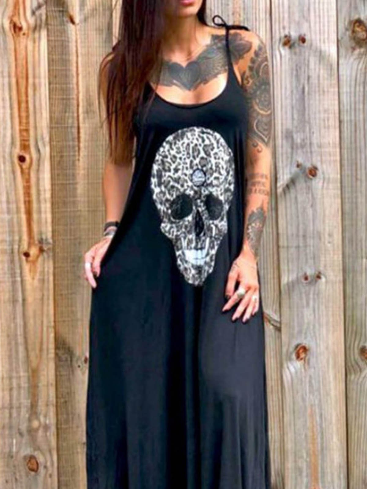 Camisole-Kleid mit Leoparden-Totenkopf-Print und Schnürung 