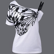 One Shoulder Butterfly Printed T-shirt