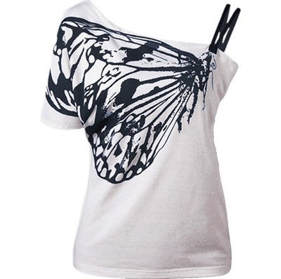 One Shoulder Butterfly Printed T-shirt