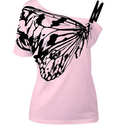 One Shoulder Butterfly Printed T-shirt