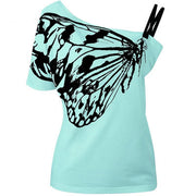 One Shoulder Butterfly Printed T-shirt