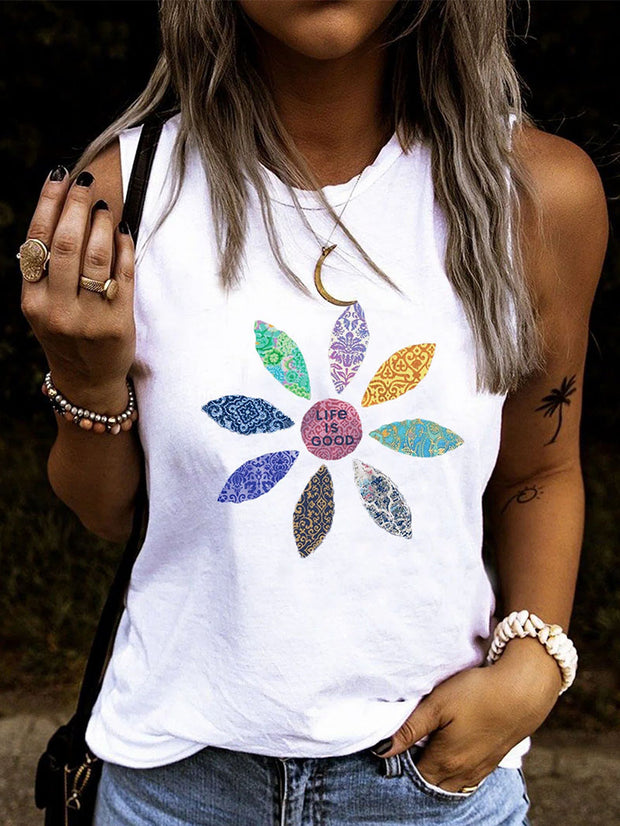 Loose sleeveless T-shirt round neck floral print top