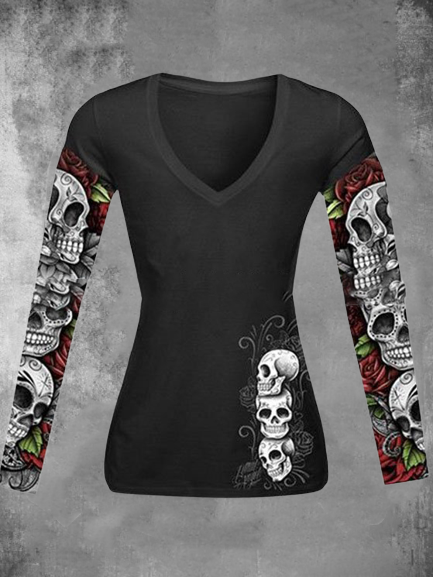 Chemise à col en V imprimée Skull Rose 