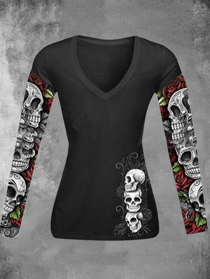 Skull Rose Printed V-Neck Shirt
