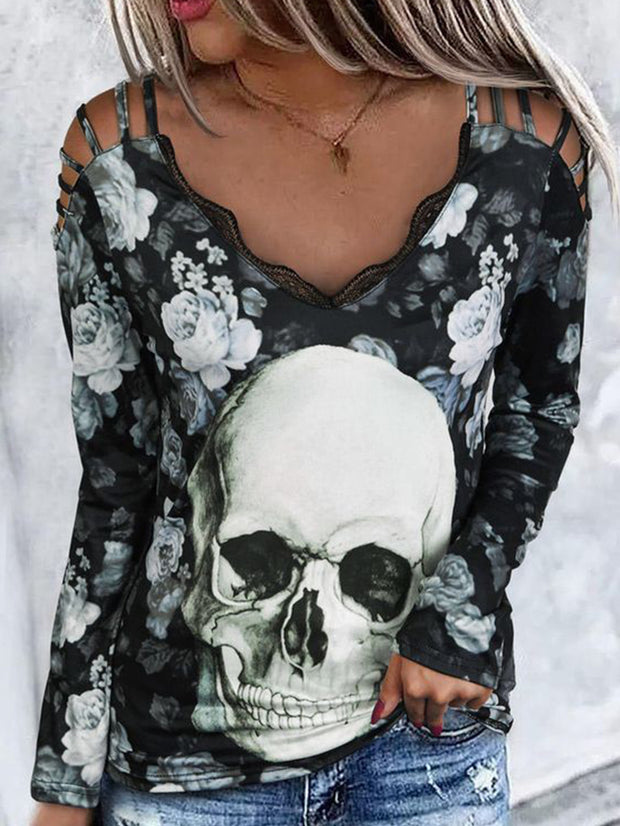 Sexy schulterfreies T-Shirt mit V-Ausschnitt und Spitze im Totenkopf-Design
