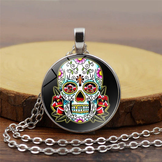 Day Of The Dead Round Pendant Necklace