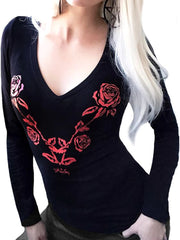 T-shirt sexy à manches longues et col en V imprimé roses 