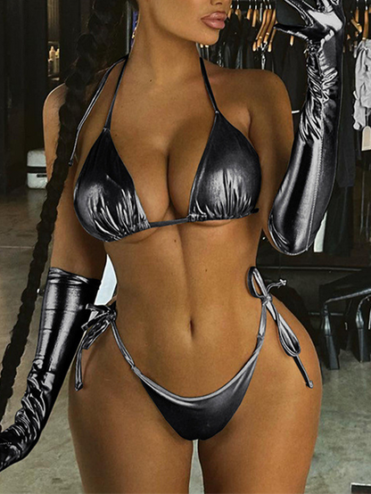 Sexy Backless Halter Lace-up Reflective Bikini