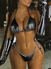Sexy rückenfreier Neckholder-Bikini mit Schnürung und reflektierendem Muster