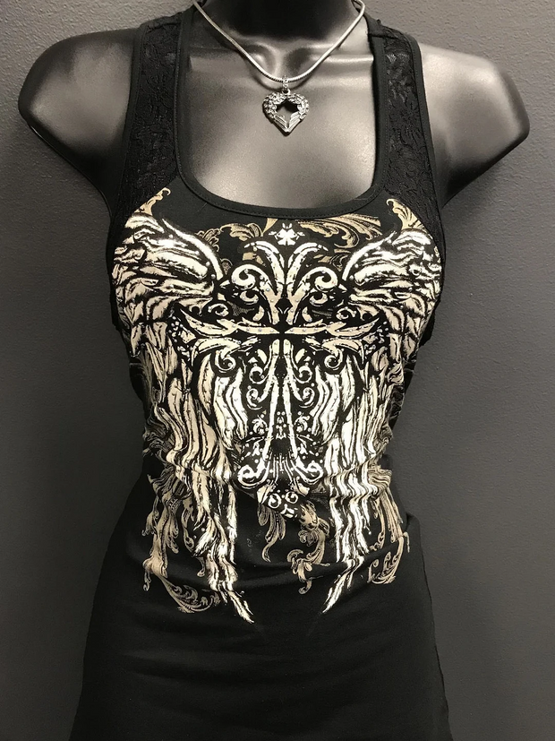 Gothic Wings Printing U-Neck Lace Vest