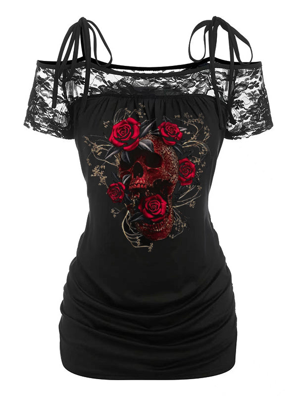 Skull Rose Print Knitted Stitching Lace Sling Top