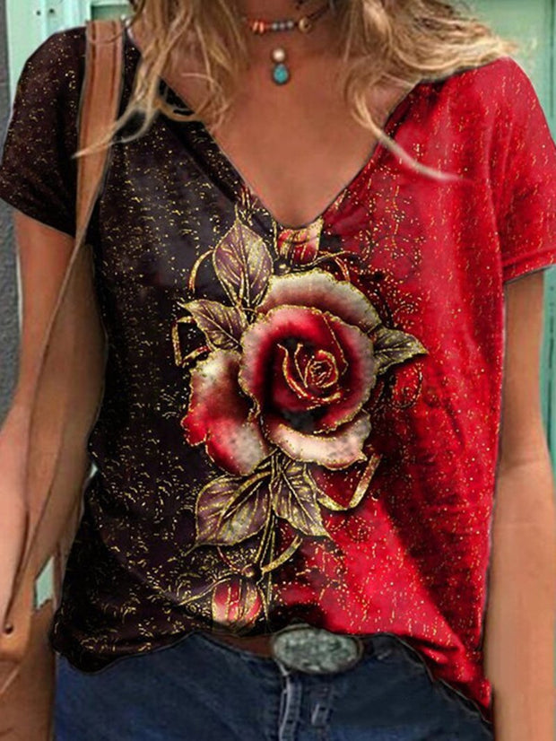 T-shirt à manches courtes et col en V imprimé roses 