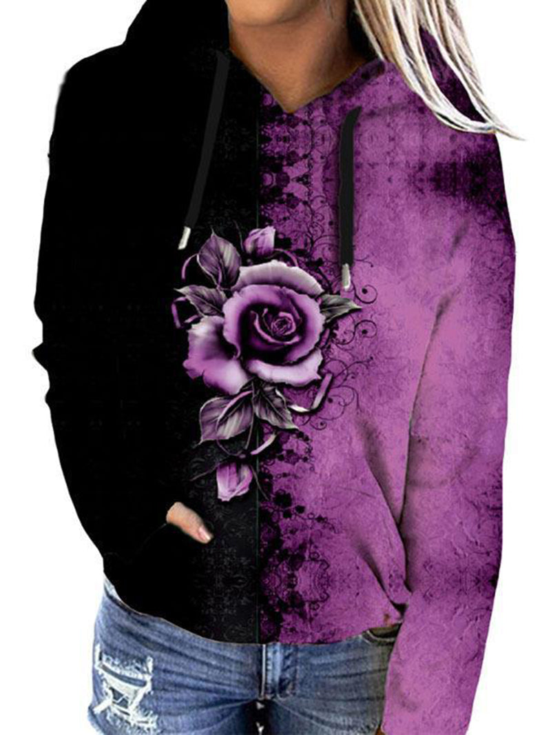 Rose Print Kangaroo Pocket Hoodie