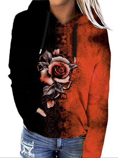 Rose Print Kangaroo Pocket Hoodie