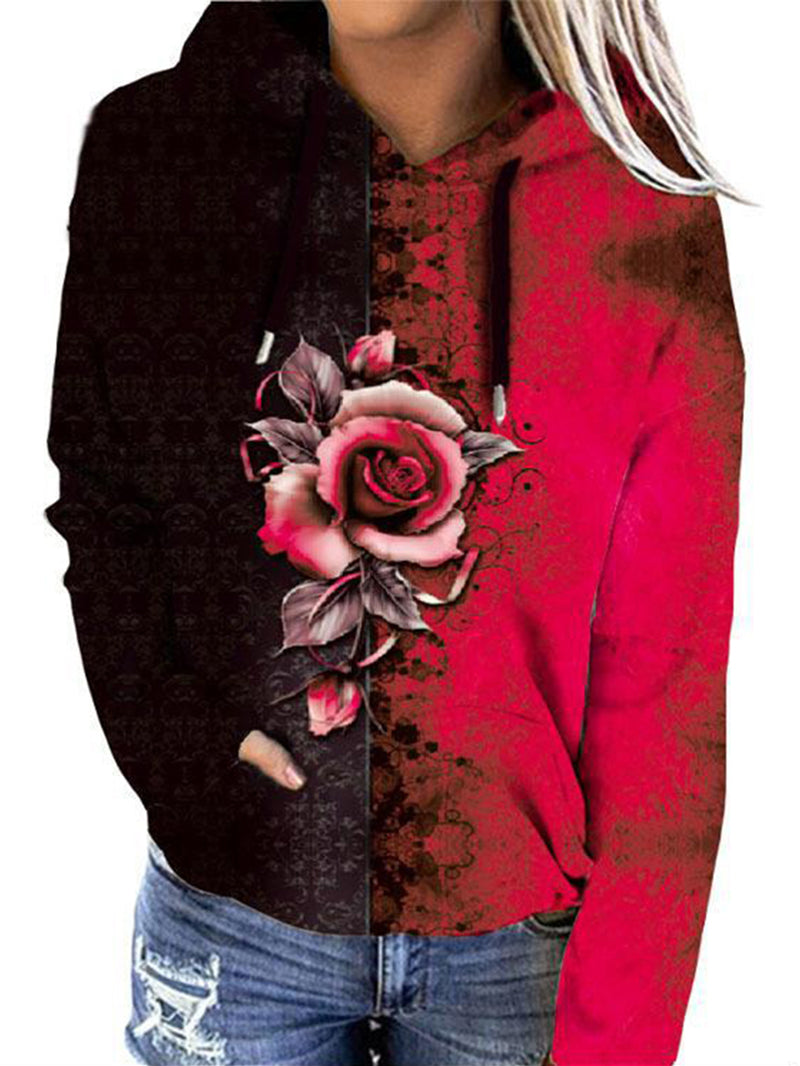 Rose Print Kangaroo Pocket Hoodie