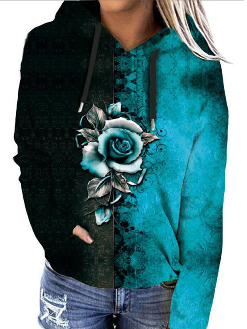 Rose Print Kangaroo Pocket Hoodie