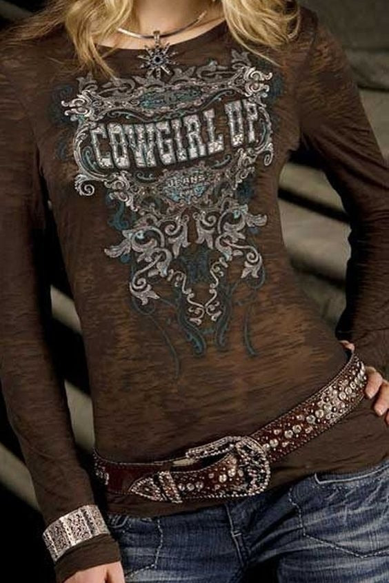 Cowgirl Up Print Gothic Style Round Neck Female T-shirt