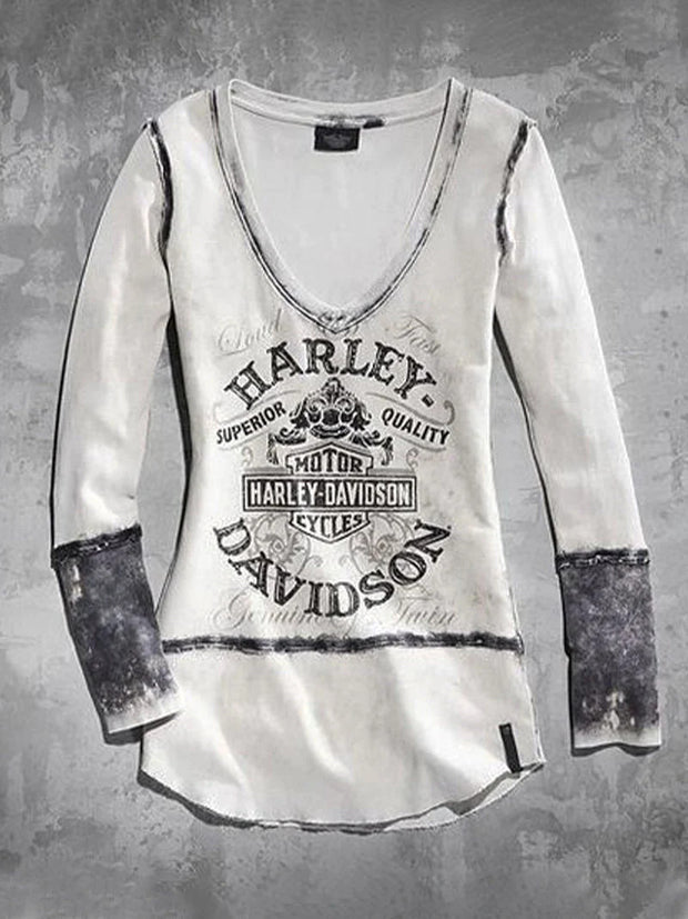 Sexy Vintage Pattern Distressed V-neck Long-Sleeved T-shirt