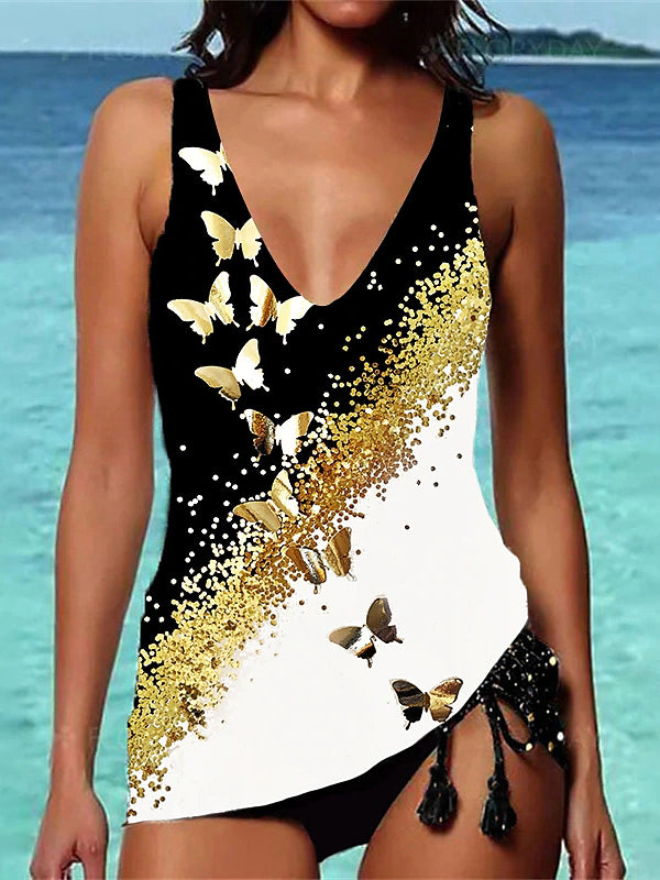 Sequined Printed Split Swimsuit