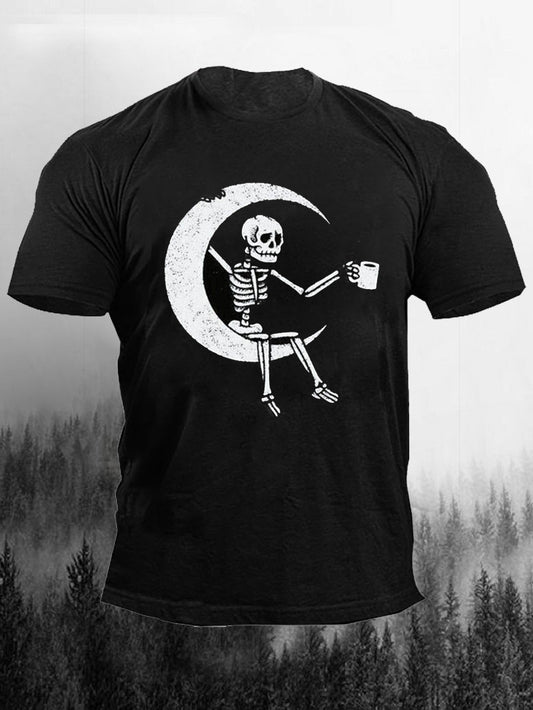 T-shirt graphique squelette lune pour hommes 