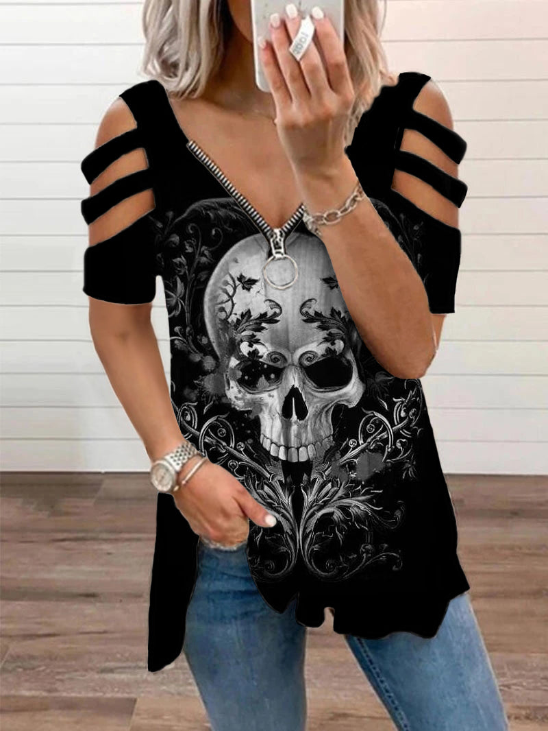 V-Neck Zipped Print T-Shirt