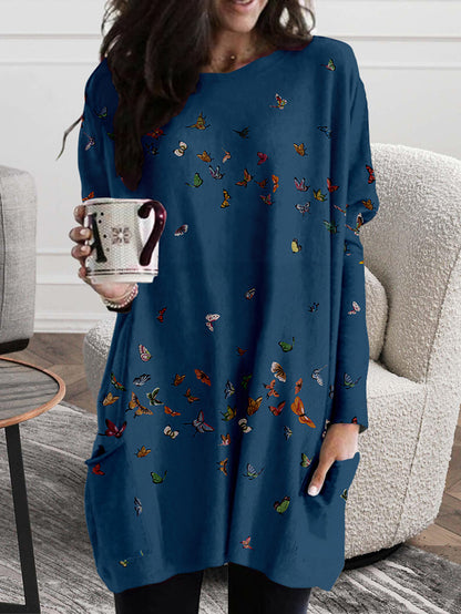 Butterfly Print Side Pocket Sweater Dress