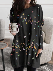 Pulloverkleid mit Seitentaschen und Schmetterlings-Print 