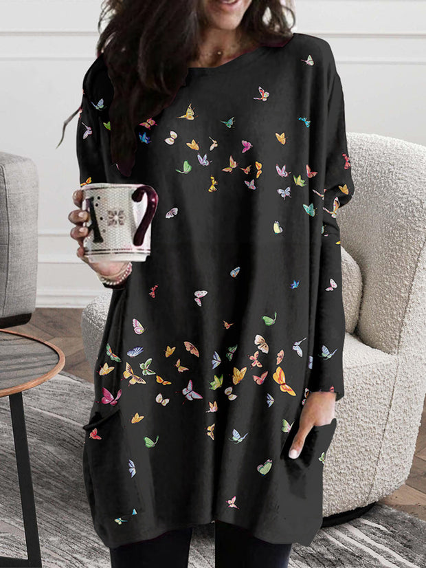 Butterfly Print Side Pocket Sweater Dress