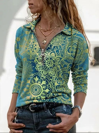 Fashion Printed Lapel Zipper Long-sleeved Shirt