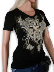 Modisches T-Shirt mit Flügel-, Kreuz- und Rosen-Aufdruck 