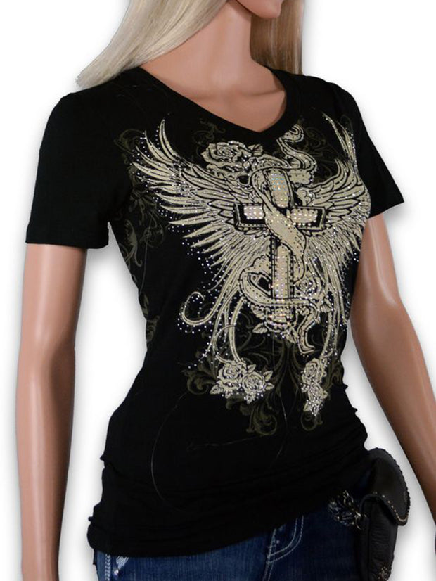 Wings Cross Roses Printed Fashion T-Shirt