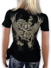 Modisches T-Shirt mit Flügel-, Kreuz- und Rosen-Aufdruck 