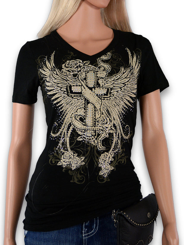 Wings Cross Roses Printed Fashion T-Shirt