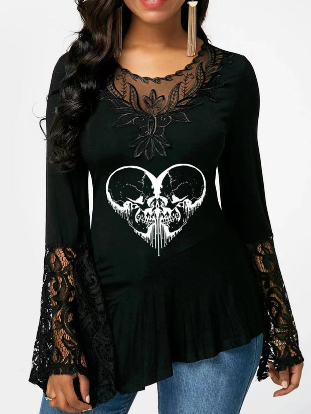 To Death Do Use Part Long Sleeve Lace Stitching Irregular T-shirt