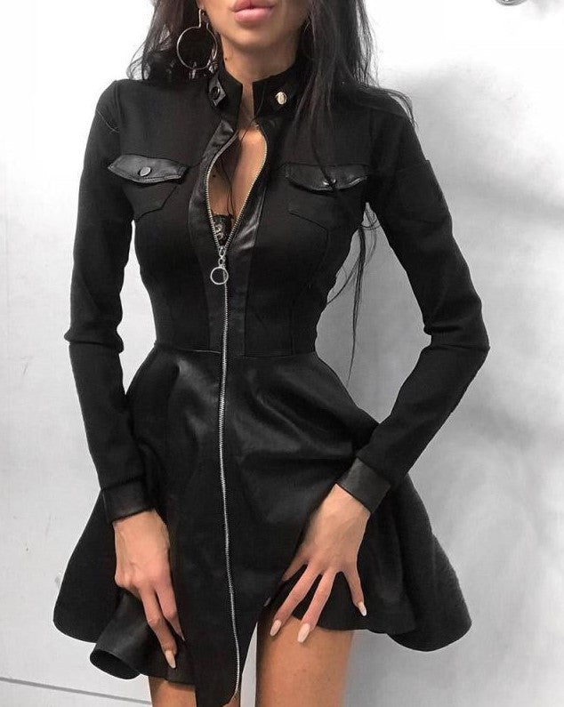 Long Sleeve V-Neck Zip Pu Pocket Dress