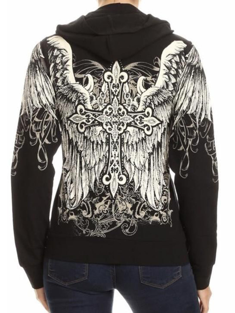 Wing Cross Printed Punk Women's Hoodie