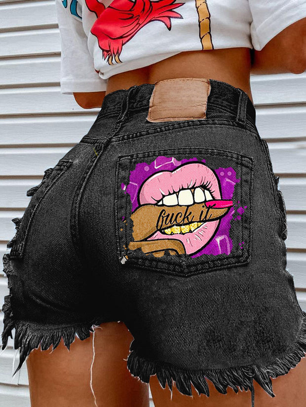 Bite Finger Printed Ripped Jeans