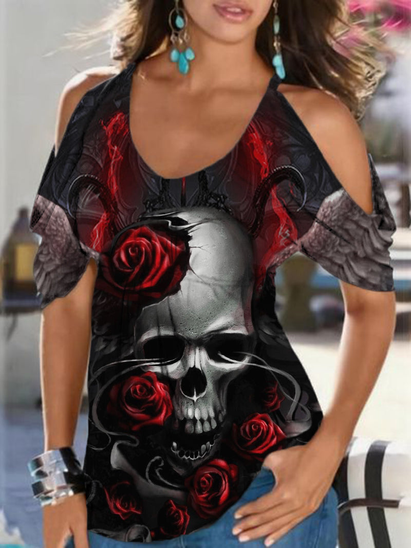 Sexy Top mit kaltem Schulter-Totenkopf-Print 