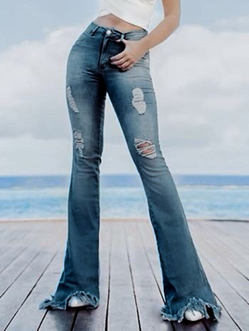 Fringed Hem Ripped Slim Flared Jeans