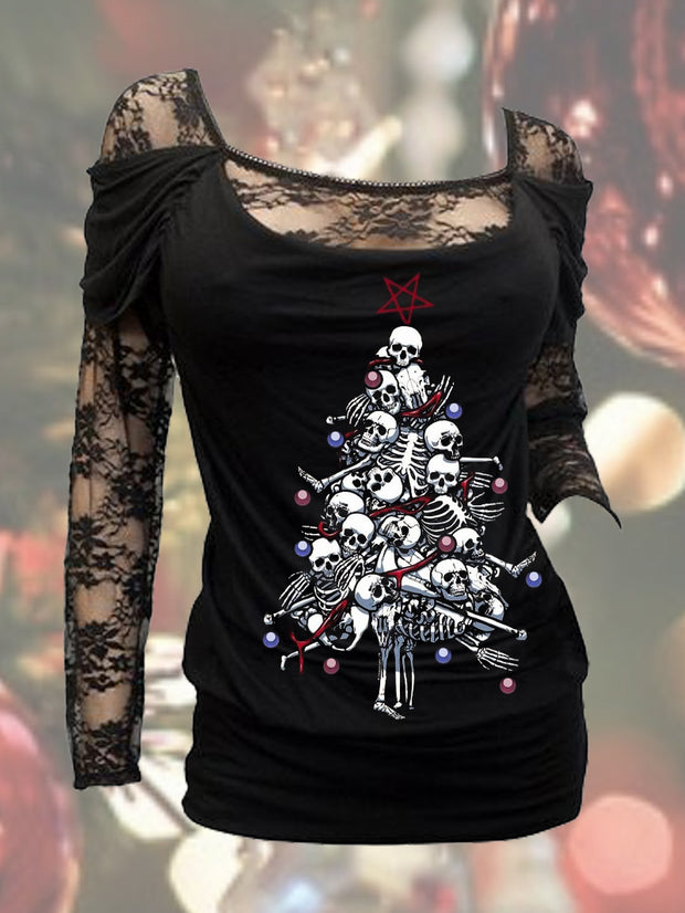 Pile O` Bones Christmas Tree Sexy Floral Lace Long Sleeve Top