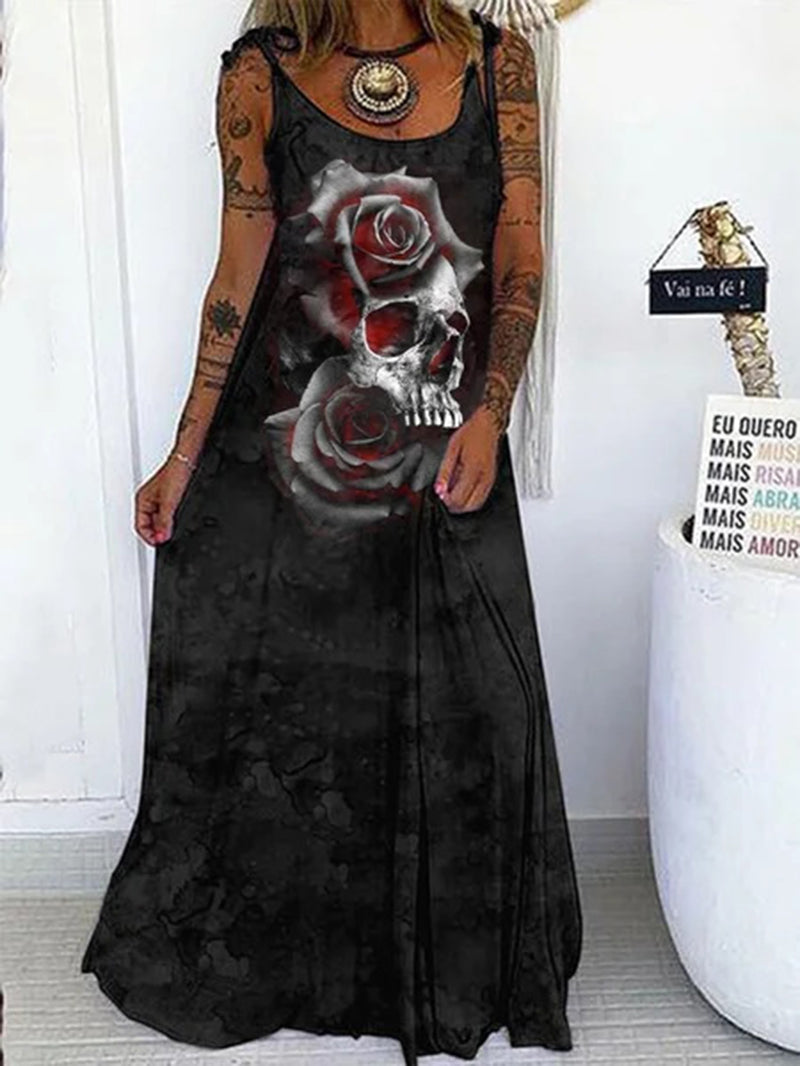 Maxikleid mit Punk-Print und Bindebändern an den Schultern 